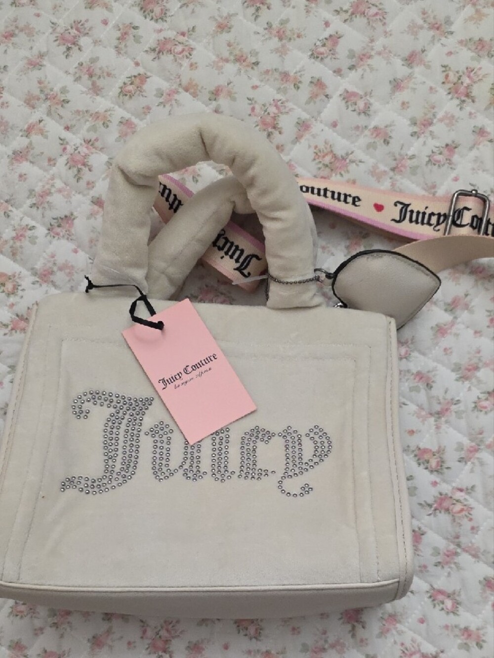 Juicy Couture Ivory Quilted Mini Tote with Heart Charm and Crystal Script - Picture 4 of 5